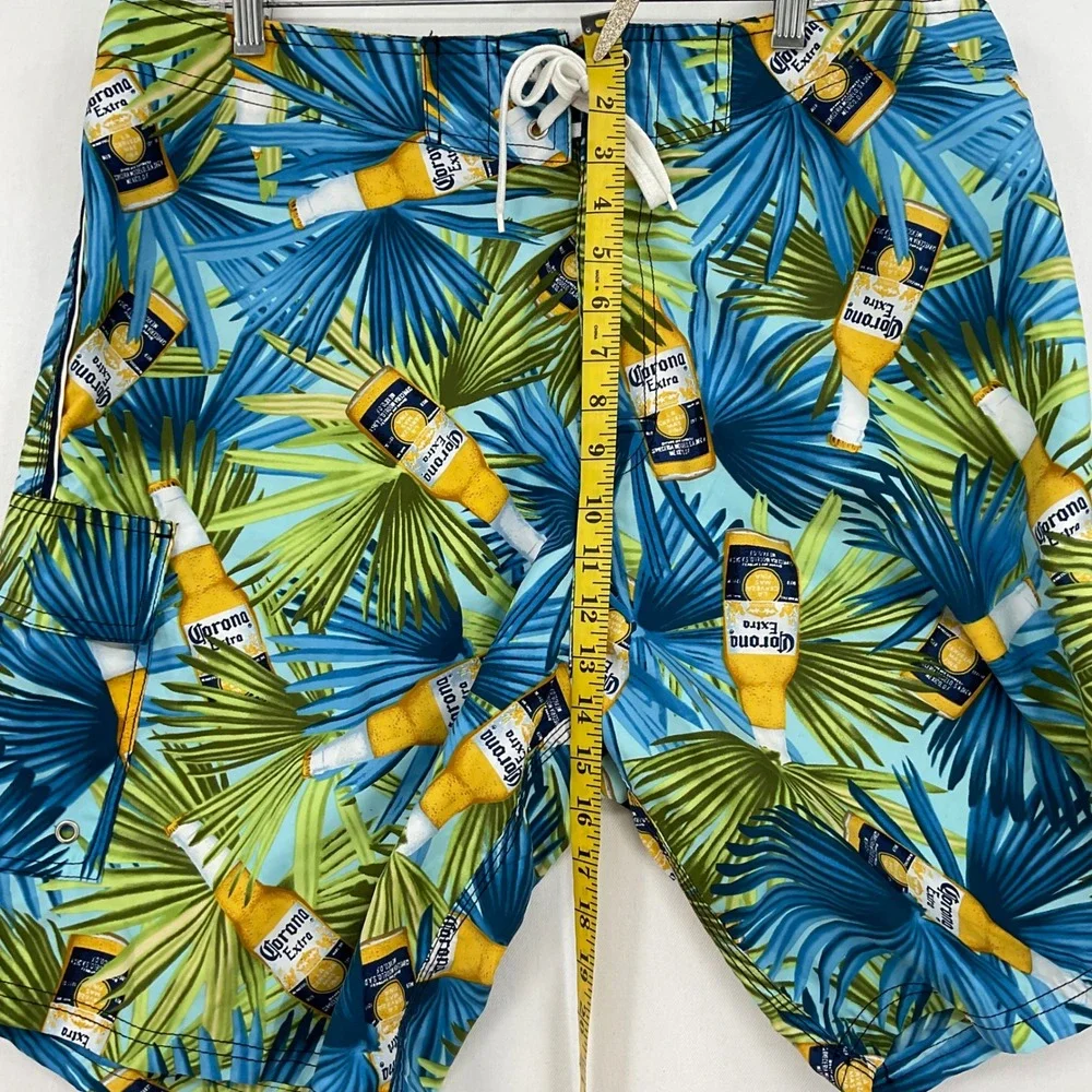 Corona Extra Mens Board Shorts Size 38 Blue Tropical Palm Beer Bottle Swim Trunk